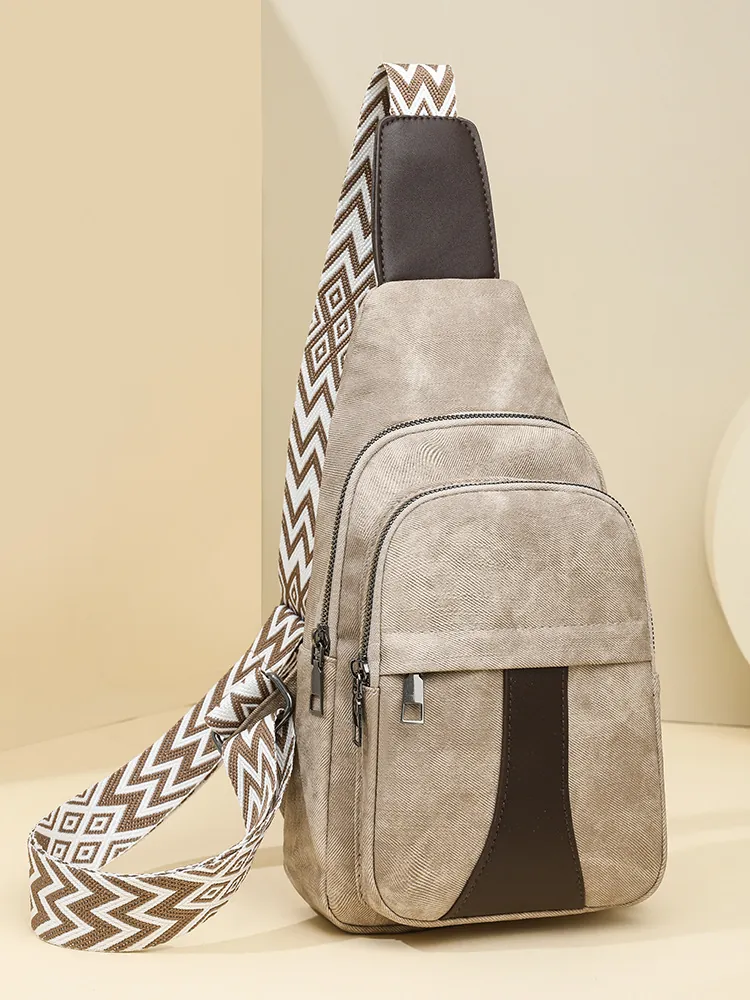 Fashion Chest Sling Bag PU Leather Geometric Wide Strap Multi Pocket Casual Crossbody Vintage Style For Men Women