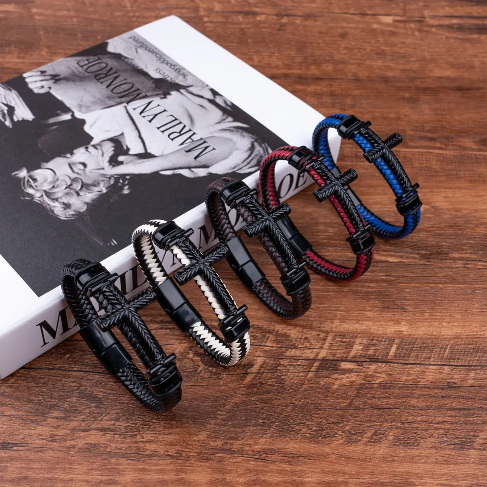 Men Braided PU Leather Bracelet With Alloy Cross Charm Retro Punk Jewelry Gift Magnetic Buckle Stylish