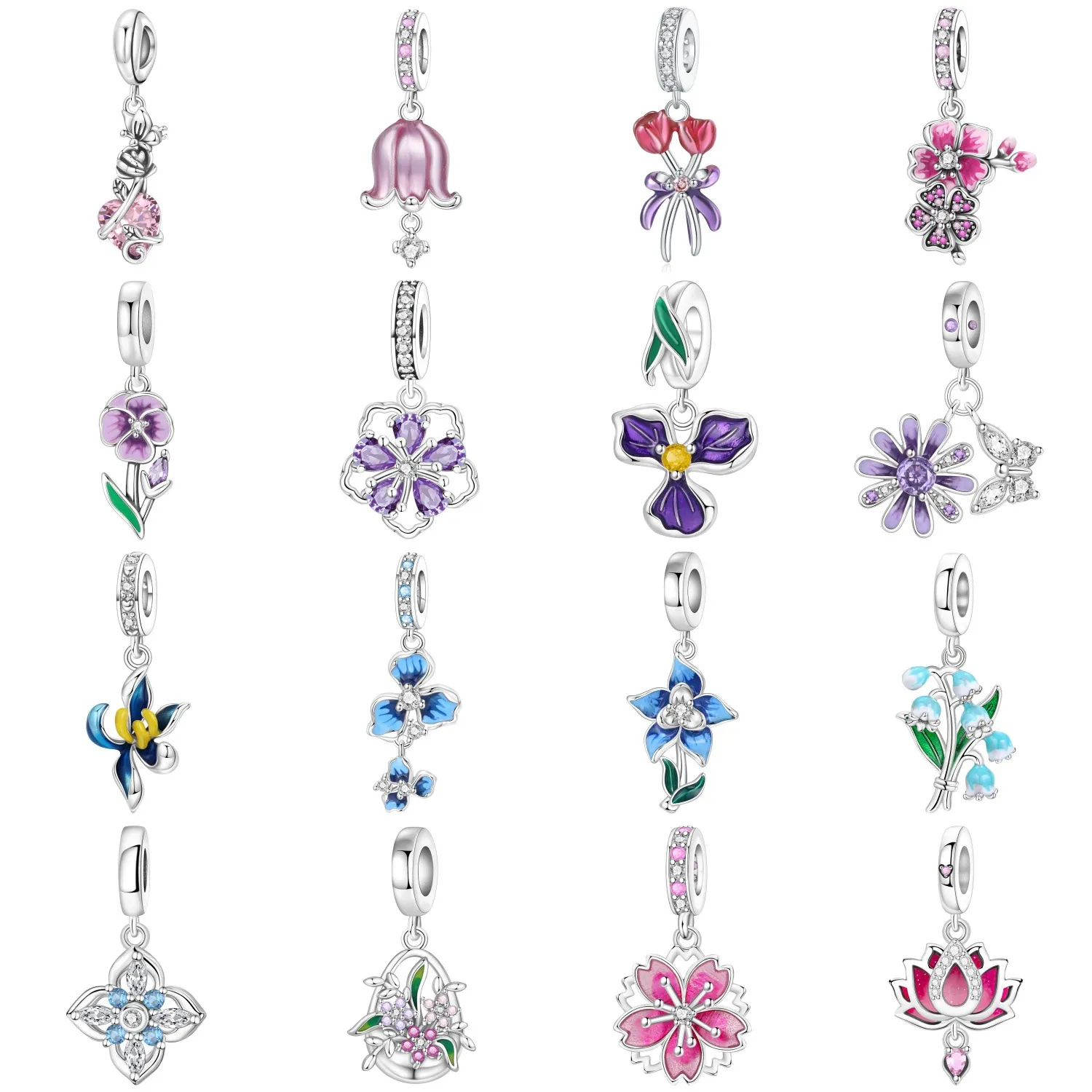 Floral Charm Pendant White Copper Enamel Zircon For DIY Bracelet Jewelry Women Iris Lily Cherry Blossom Maple Leaf