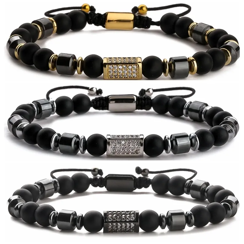 Herren Armband Aus Mattem Schwarzen Stein Mit Mikro-Zirkonia Und Verstellbarem Geflochtenem Seil Mode Schmuck