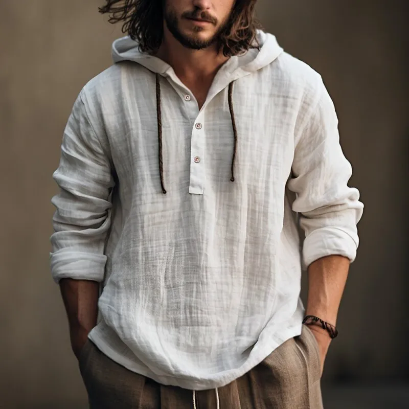 Camicia Henley Casual da Uomo in Cotone Felpa con Cappuccio a Maniche Lunghe Tinta Unita Vestibilità Larga Vintage Top