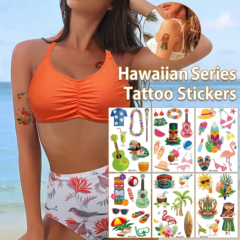 Autocollants De Tatouage Temporaires Hawaii Tropical Été Fête Plage Hippie Boho Style Jetables Imperméables Accessoires Art Corporel