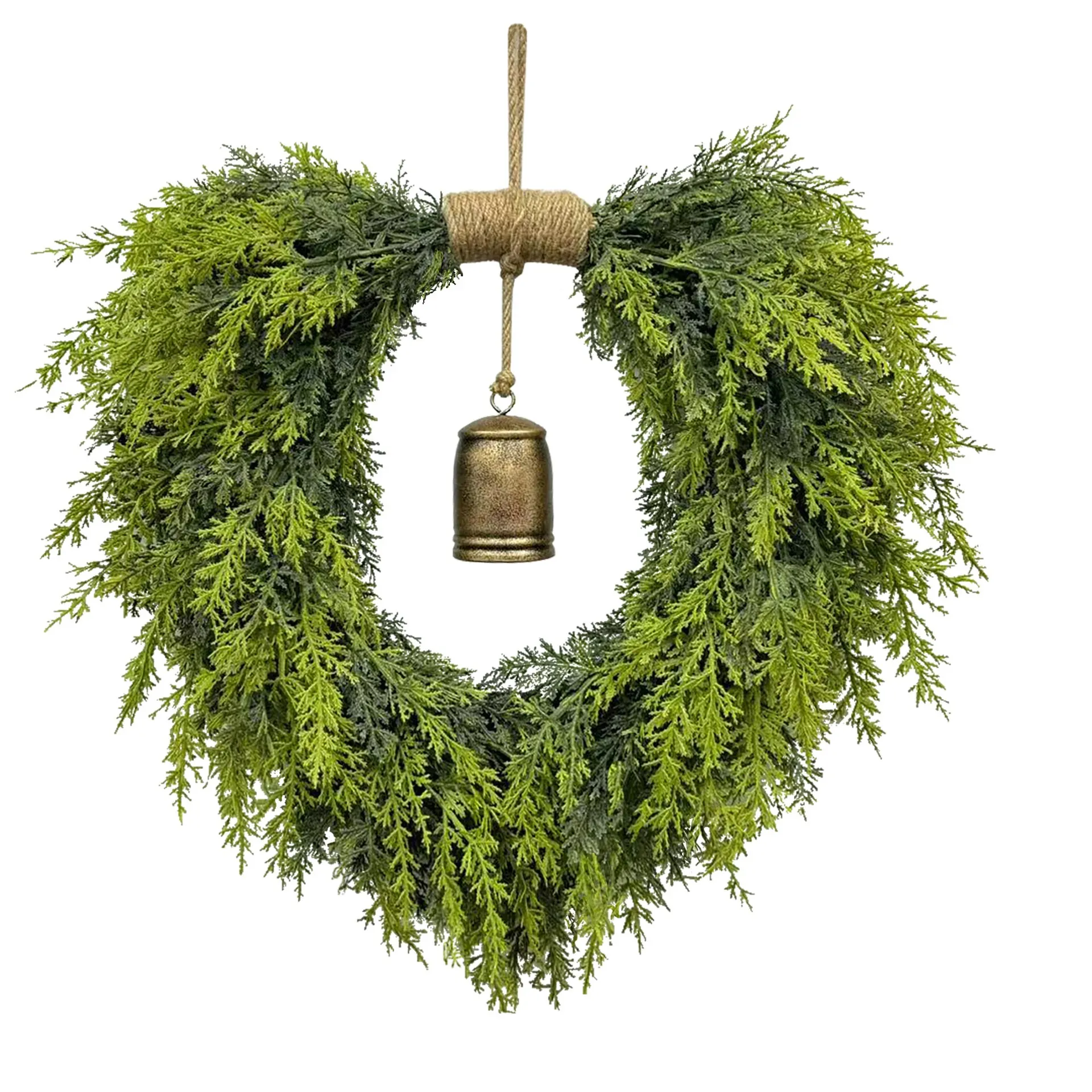 Christmas Heart Wreath Artificial Cedar With Retro Metal Bell Hemp Rope Rustic Hanging Garland Home Holiday Decoration