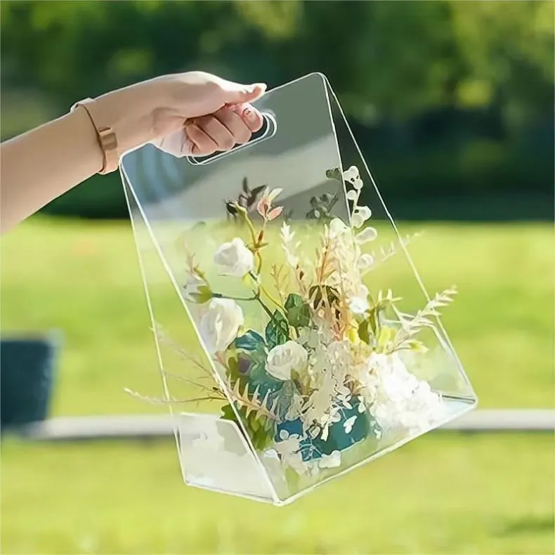 Conteneur À Fleurs En Acrylique Transparent Sac Cadeau Triangle Portable Support D'emballage De Fleurs Pour Décoration De Mariage