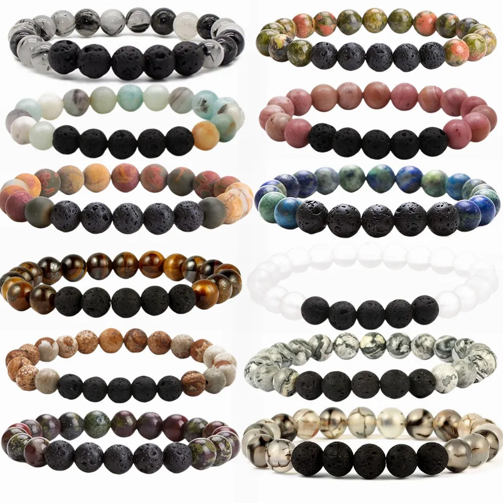 Bracelet en Perles de Pierre Naturelle Roche Volcanique Homme Femme Unisexe Élastique Bijoux en Pierre Énergie pour le Quotidien