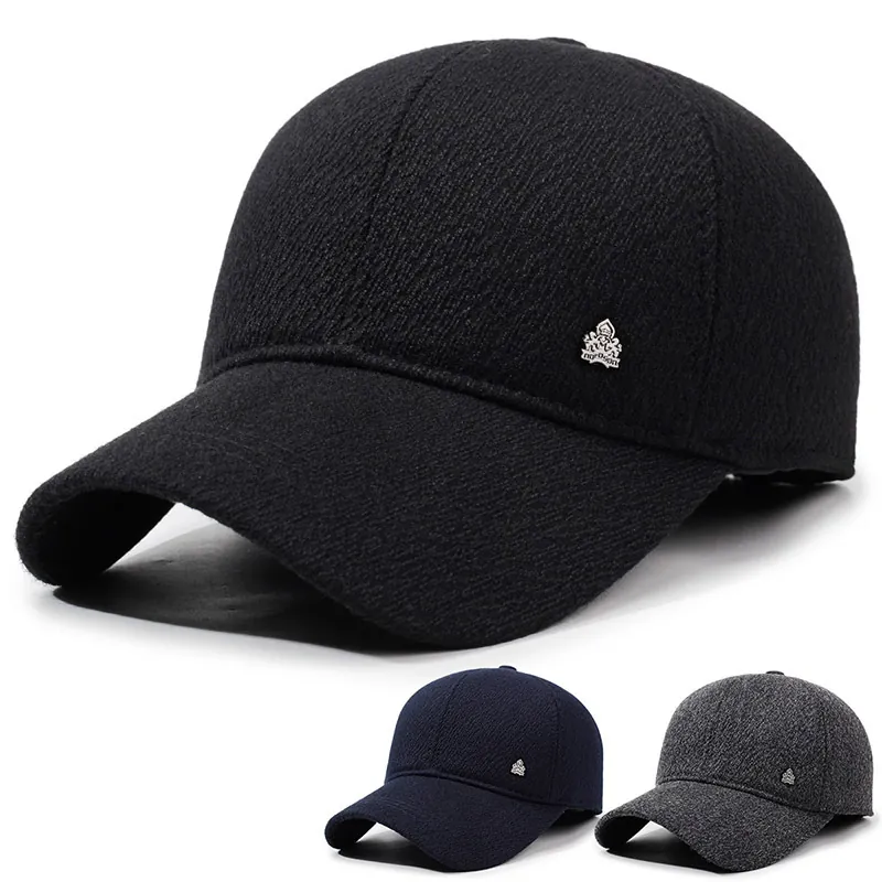 Men Winter Baseball Cap With Foldable Ear Protection Warm Fleece Lined Wool Blend Outdoor Adjustable Hat For Cold Weather