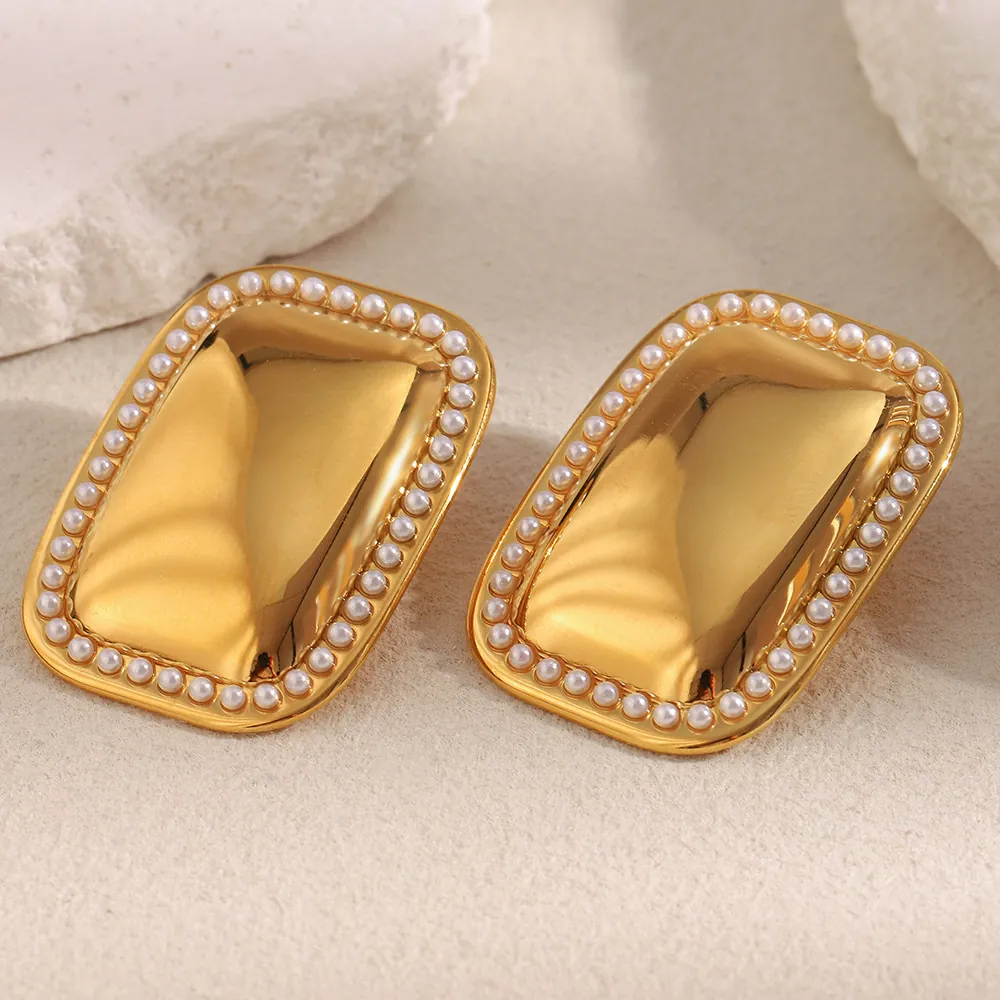 Rectangular Stud Earrings 18K Gold Plated Stainless Steel With Faux Artificial Pearl Border Geometric Ruffled Jewelry For Women