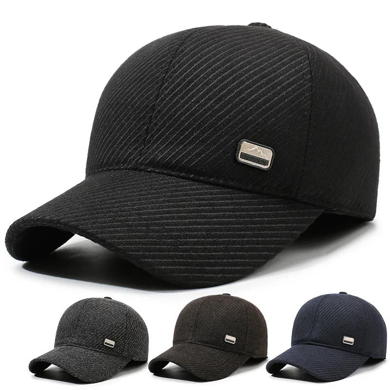 Men Winter Baseball Cap Warm Thickened Fleece Lined Ear Flaps Adjustable Cotton Woolen Outdoor Fashion Solid Hat