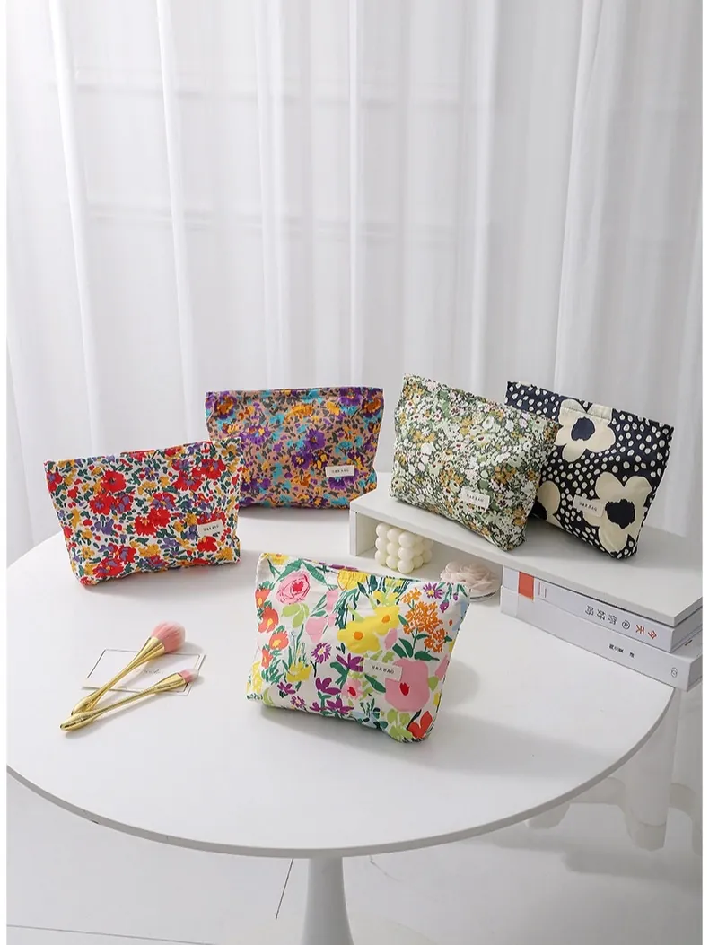Floral Canvas Makeup Bag Portable Travel Toiletry Storage Pouch Zipper Handheld Cosmetic Case For Women