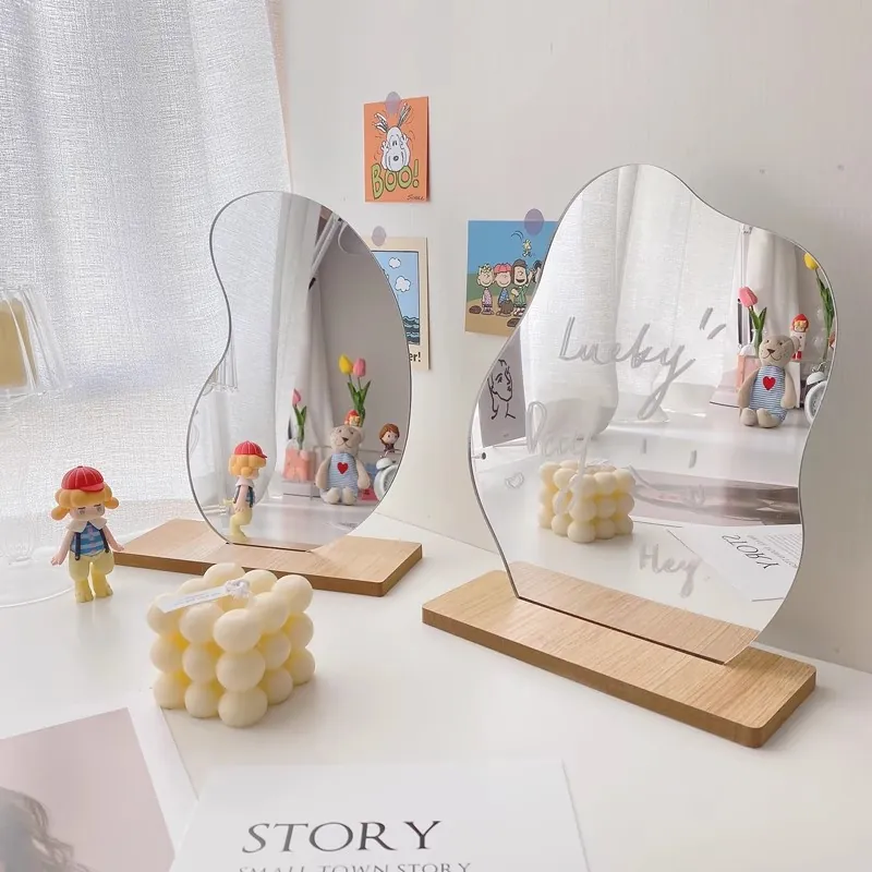 Irregular Acrylic Makeup Mirror With Wooden Base Desktop Decorative Vanity Mirror Aesthetic Ins Style For Photography Props Home Bedroom Office Decor