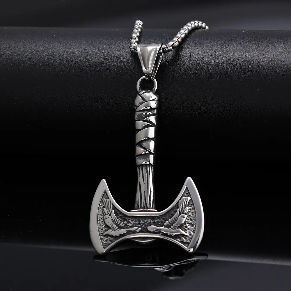 Viking Double Headed Axe Pendant Necklace Stainless Steel Eagle Engraving Nordic Mythology Vintage Jewelry For Men