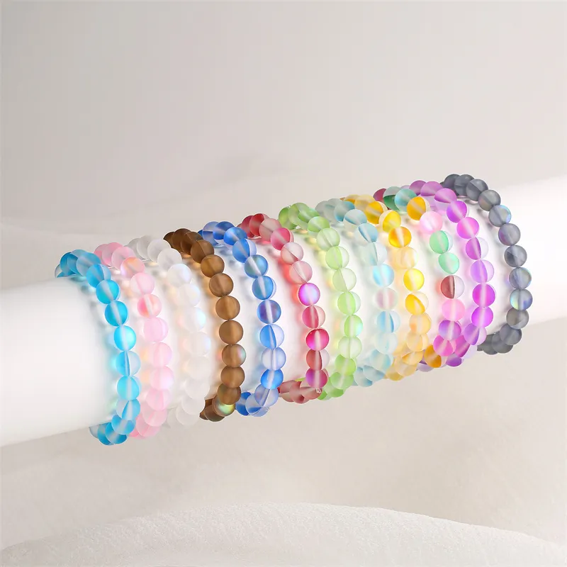 Mattiertes Mondstein-Stil Perlenarmband Irisierendes Aurora-Rundglas-Perlen Handgefertigter Schmuck Damen Herren