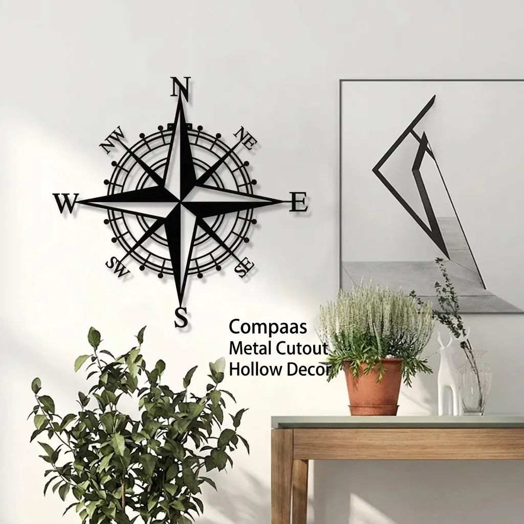 Nautical Compass Metal Wall Art Decor Hollow Out Iron Hanging Sign For Home Living Room Office Vintage Style