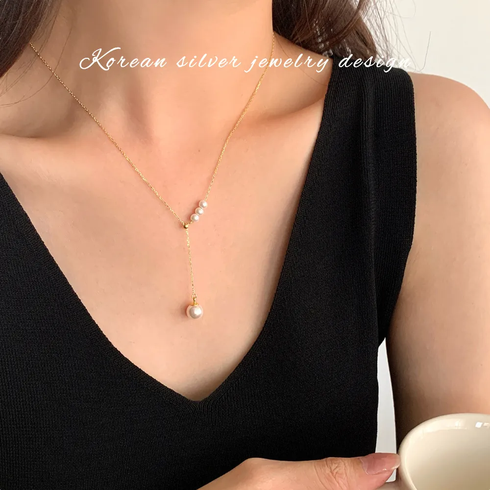 Y Shape Tassel Pendant Necklace 925 Sterling Silver Gold Plated White Artificial Pearl French Style Elegant Jewelry For Women