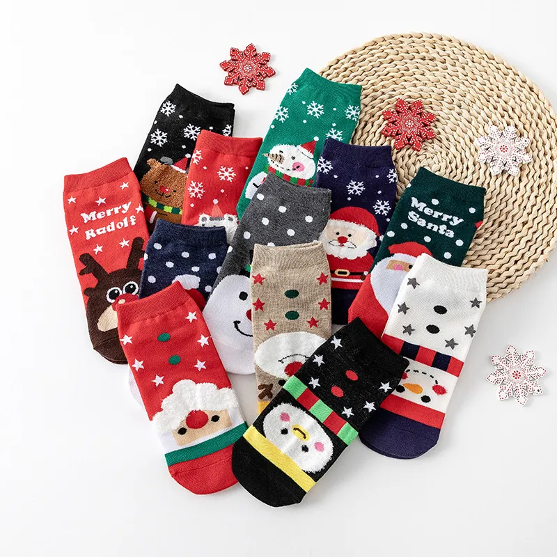 Christmas Ankle Socks Cotton Knit Cartoon Santa Reindeer Snowman Pattern Holiday Winter Warm Fashion For Women And Teens