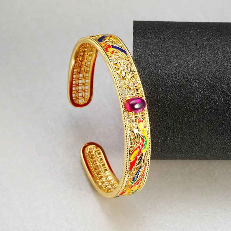 Bracciale Aperto Vintage Drago e Fenice Smalto Placcato Oro Rame Filigrana Vuota Bracciale Rigido Strass Donna Gioielli