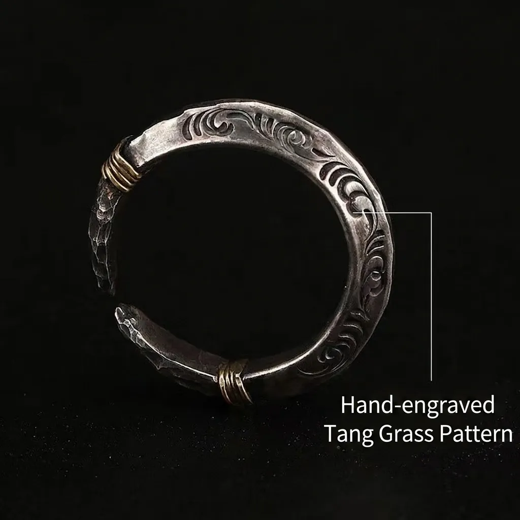 Vintage Alloy Ring For Men Hand Carved Tang Grass Pattern Antique Silver Open Adjustable Tribal Ethnic Style
