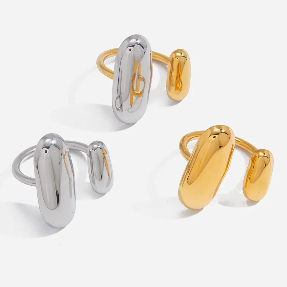Bague Ouverte Minimaliste En Forme De Grain Acier Inoxydable Plaqué Or 18K Imperméable Hypoallergénique Géométrique Bijou