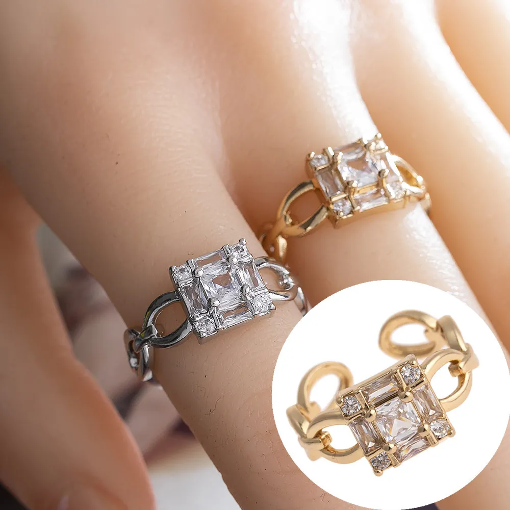 Vintage Copper Square Rhinestone Open Ring For Women European American Fashion Geometric Chain Hollow Adjustable Jewelry