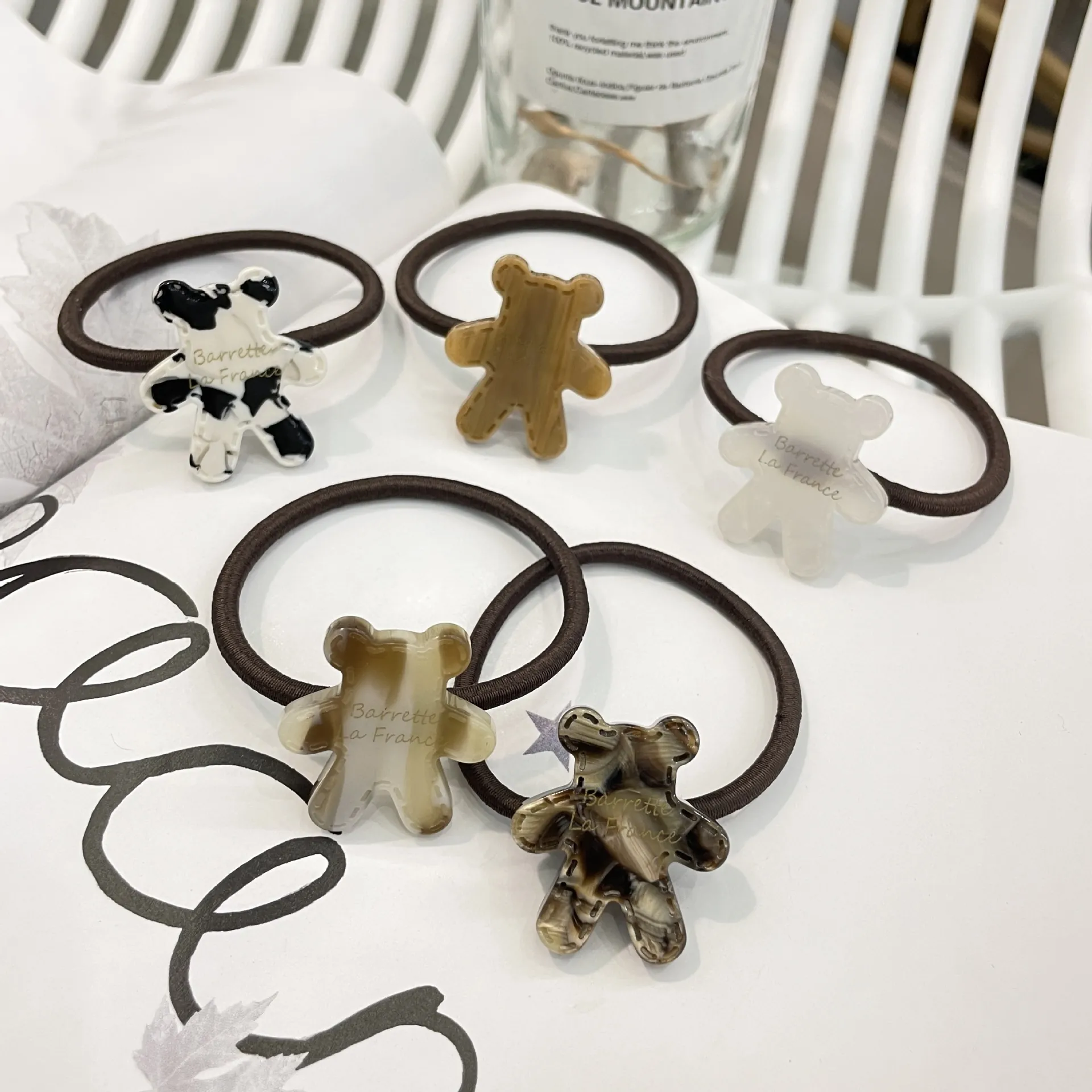 Cute Bear Shape Hair Ties Resin Marble Pattern Elastic Hair Bands Korean Style Sweet Aesthetic For Women Girls