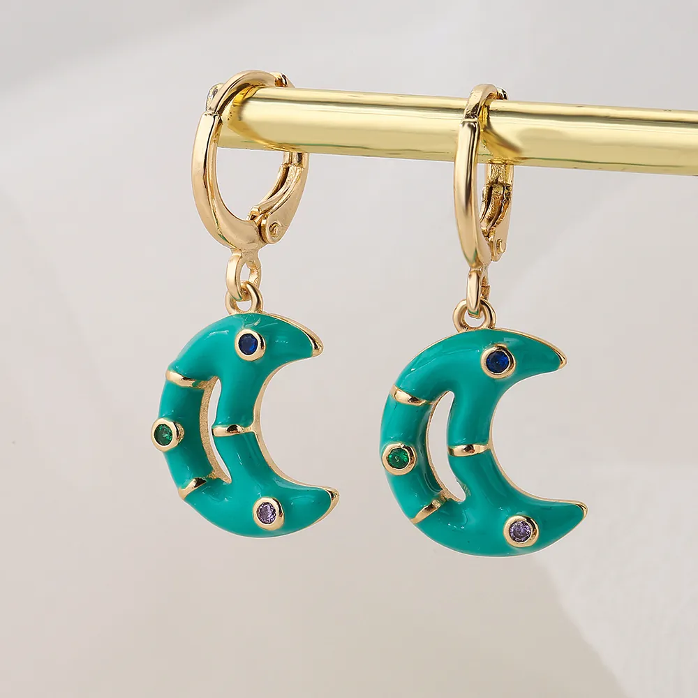 Orecchini Pendenti A Mezza Luna Rame Placcato Oro Con Zircone Colorato Smalto Stile Boho Per Donne