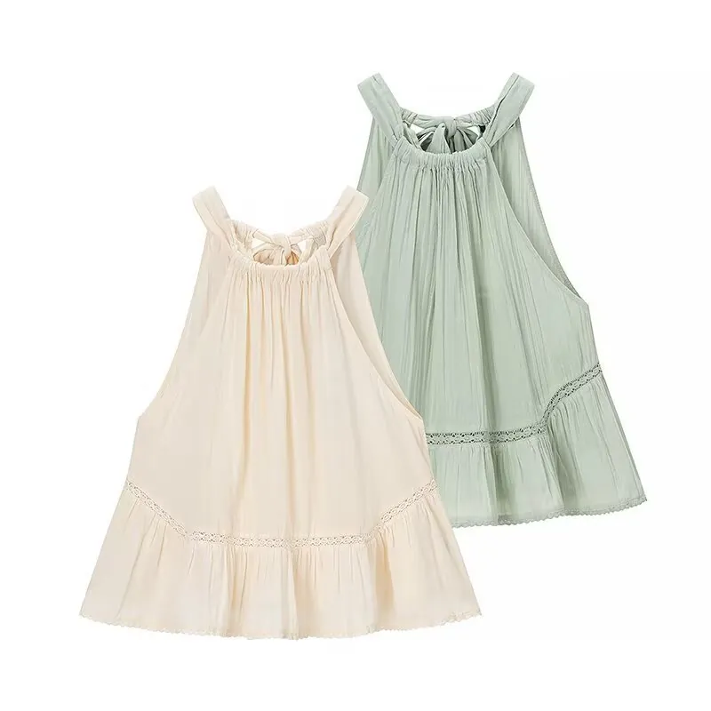 Women's Summer Halter Neck Backless Tank Top Sexy Lace Stitching Ruffle Hem Sleeveless Blouse Summer Casual Shirred Top