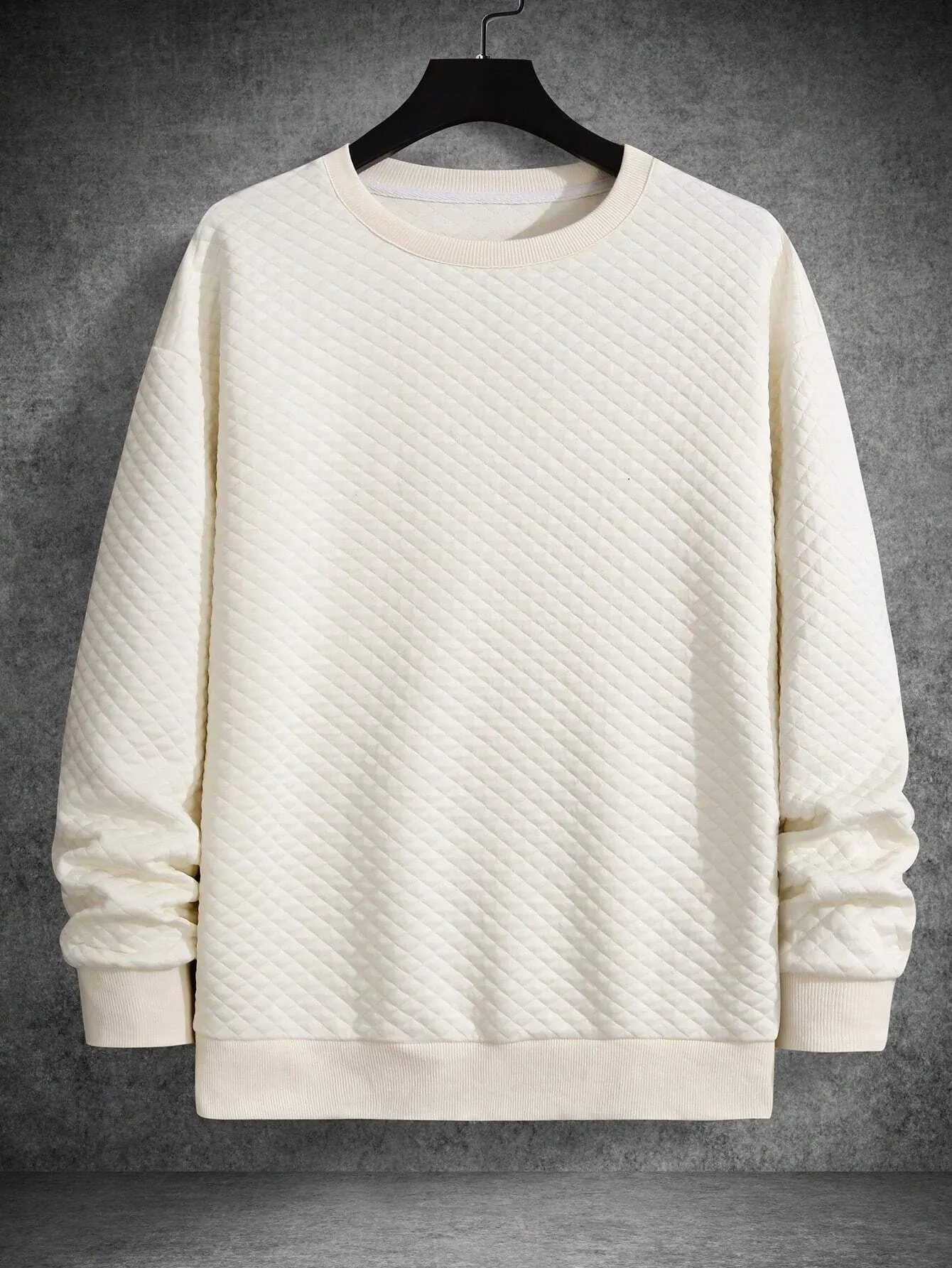 Herren Sweatshirt Rundhals Gesteppt Rautenmuster Langarm Casual Streetwear Pullover Off White Rippstrick