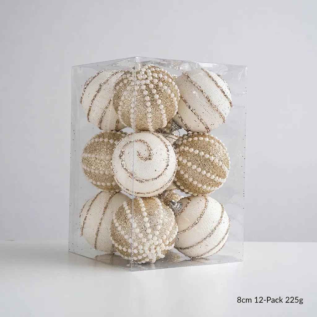 Palline di Natale Champagne Argento in Schiuma Brillantini Künstliche Perle Finte Motivo a Spirale per Albero di Natale e Vetrine