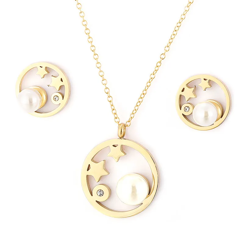 Roestvrij Staal Ketting Oorbellen Rond Hol Ster Maan Imitatie Kunstparel Cubic Zirconia Sieraden Voor Vrouwen Mode Eenvoudig