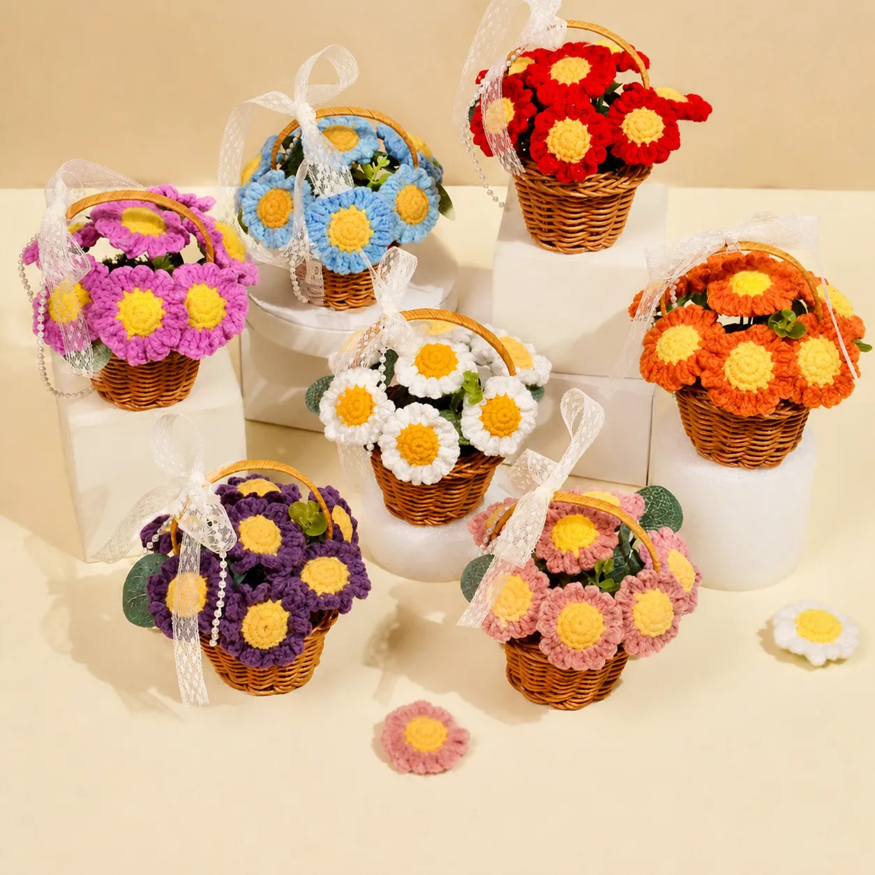 Handmade Crochet Flower Basket Ornaments Yarn Knitted Artificial Sunflower Rose Desktop Decor Gift Woven Rattan