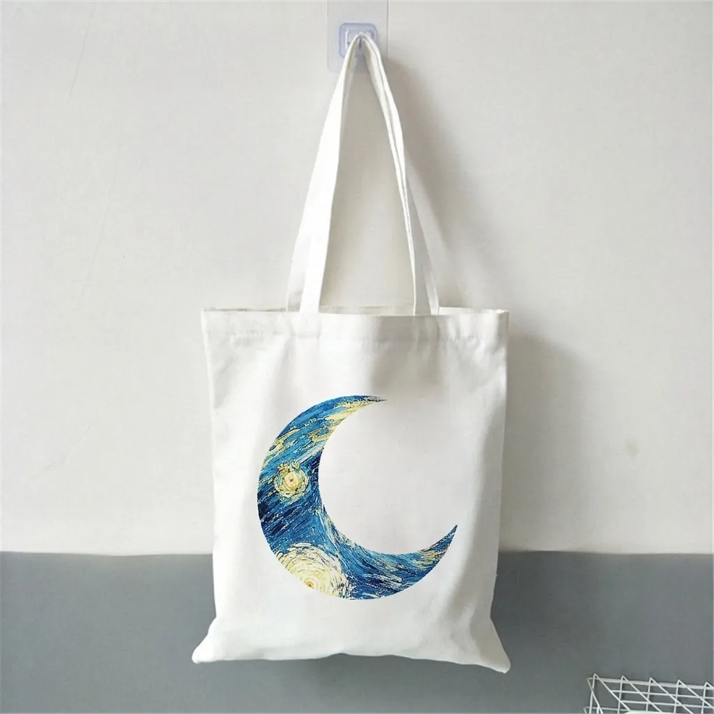 Art Oil Painting Canvas Tote Bag Van Gogh Starry Night Style Moon Print Large Capacity Reusable Handbag For Women