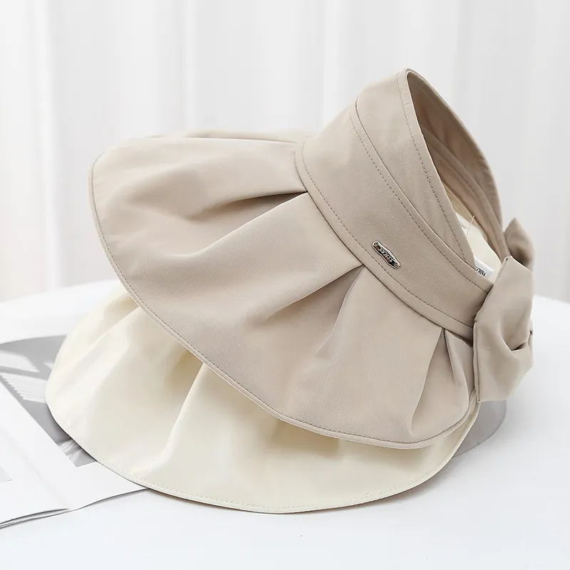 Women Sun Visor Hat Large Brim Breathable Polyester Bow Tie Adjustable Korean Style Elegant Summer Outdoor