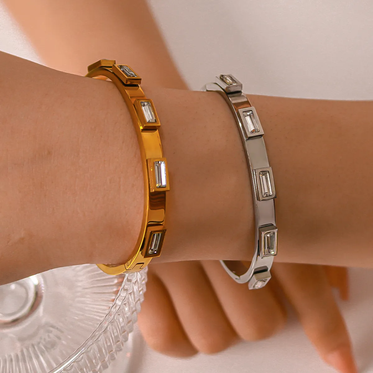18K Gold Plated Stainless Steel Bangle Bracelet For Women Minimalist Inlaid Rectangular Cubic Zirconia Luxury Jewelry