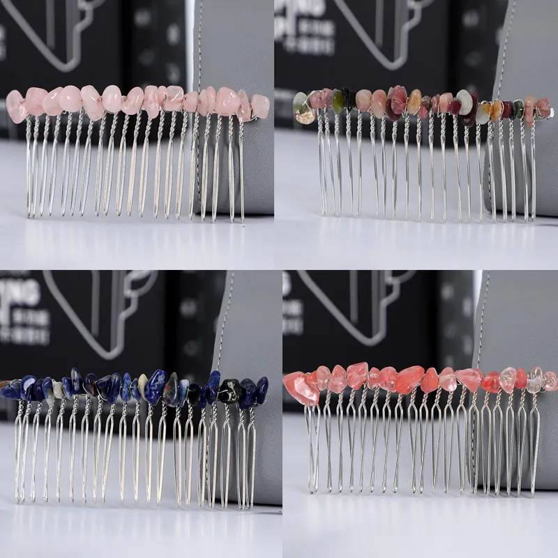 Natural Crystal Gravel Hair Comb Handmade Amethyst Quartz Metal Hair Slide Bohemian Wedding Jewelry For Women
