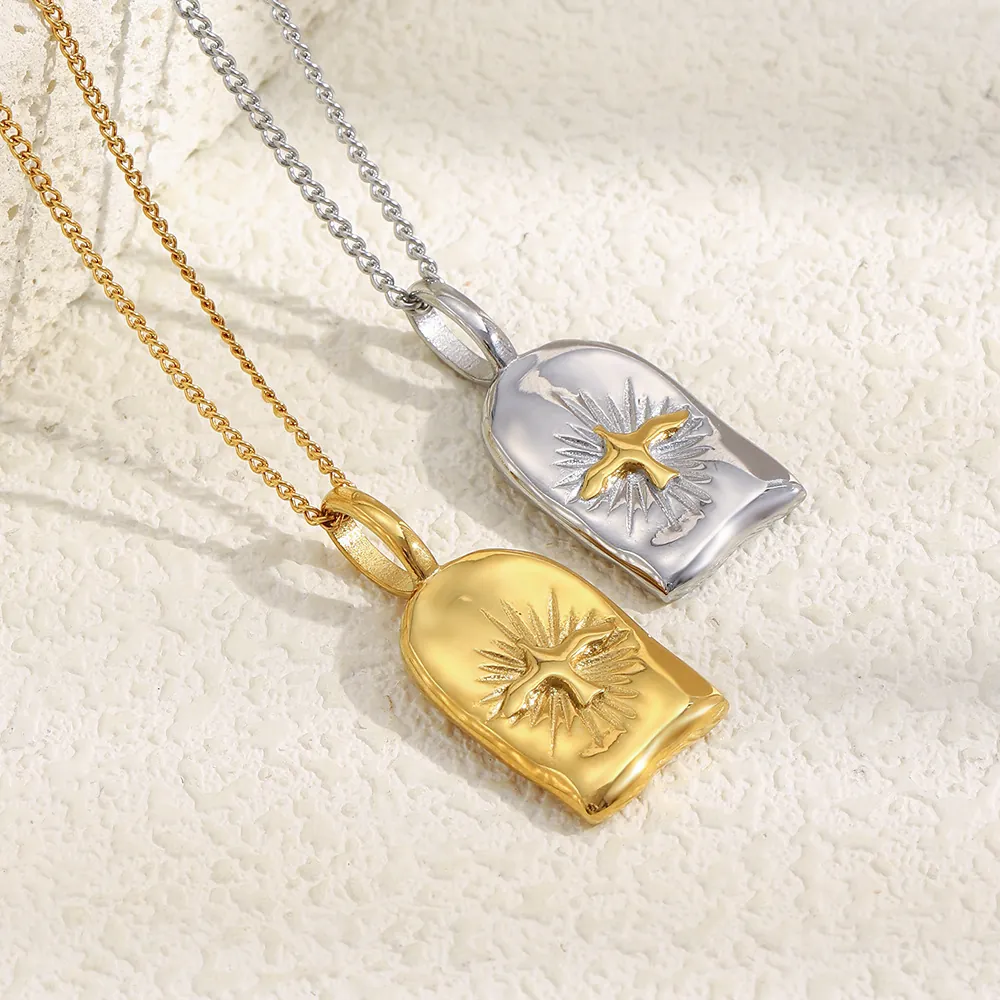 Collier Pendentif Oiseau Rayon De Soleil Vintage Luxe Relief Bijoux Acier Inoxydable Plaqué Or 18K Pour Femmes