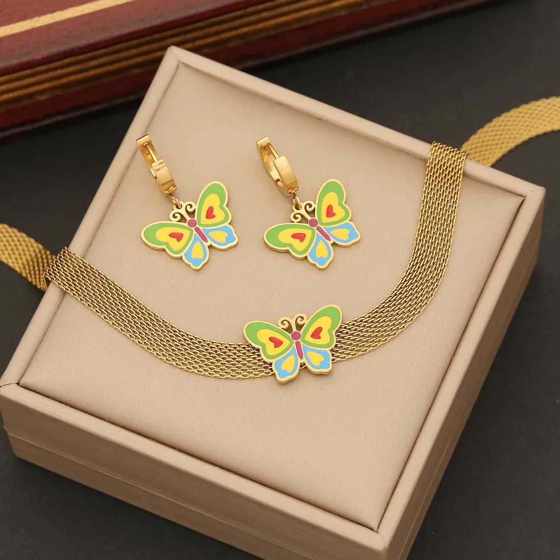 Collier Bracelet Et Boucles D'Oreilles Pendentif Papillon En Acier Inoxydable Avec Bijoux En Émail Coloré
