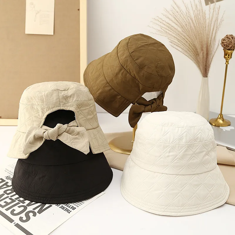 Women's Japanese Style Quilted Bucket Hat With Bow Detail Back Opening Autumn Winter Warm Polyester Casual Fisherman Hat