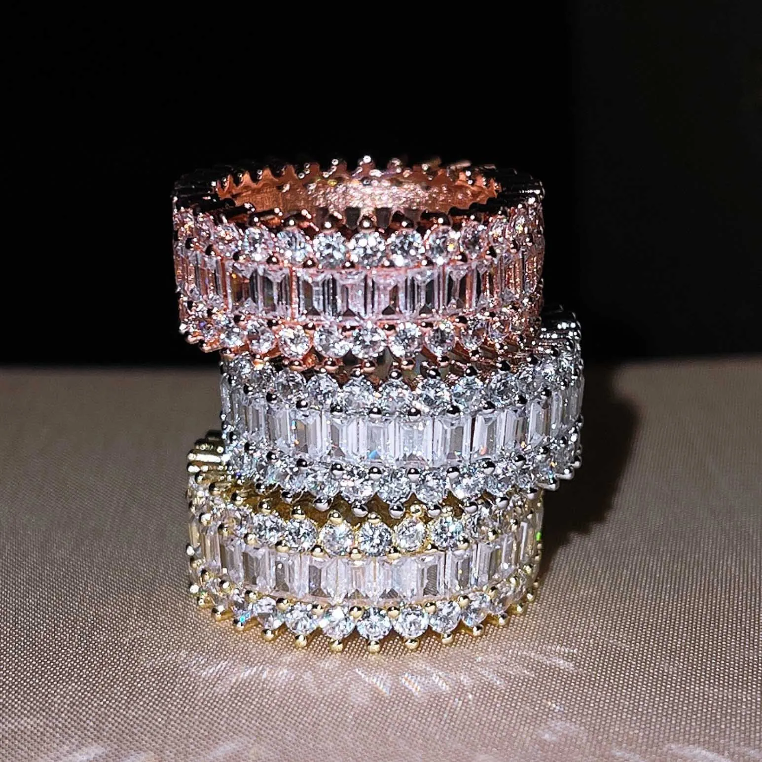 Luxury Copper Zirconia Eternity Band Ring For Women Baguette Round Cut Mixed Inlaid Gold Rose Gold Silver Plated Jewelry Gift