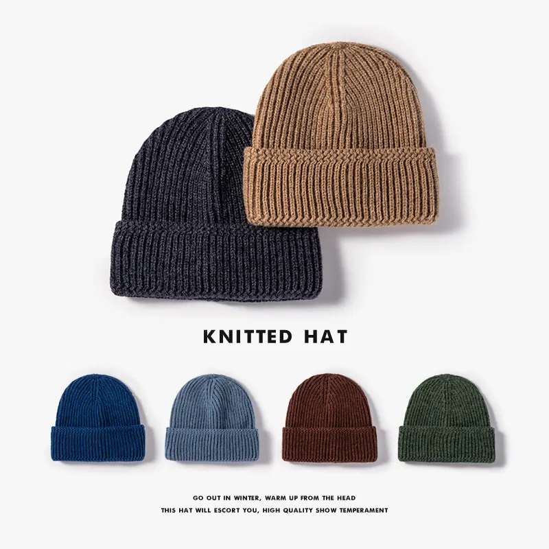 Knitted Beanie Hat Soft Wool Thick Warm Cuffed Ribbed Solid Color Outdoor Winter For Men Women