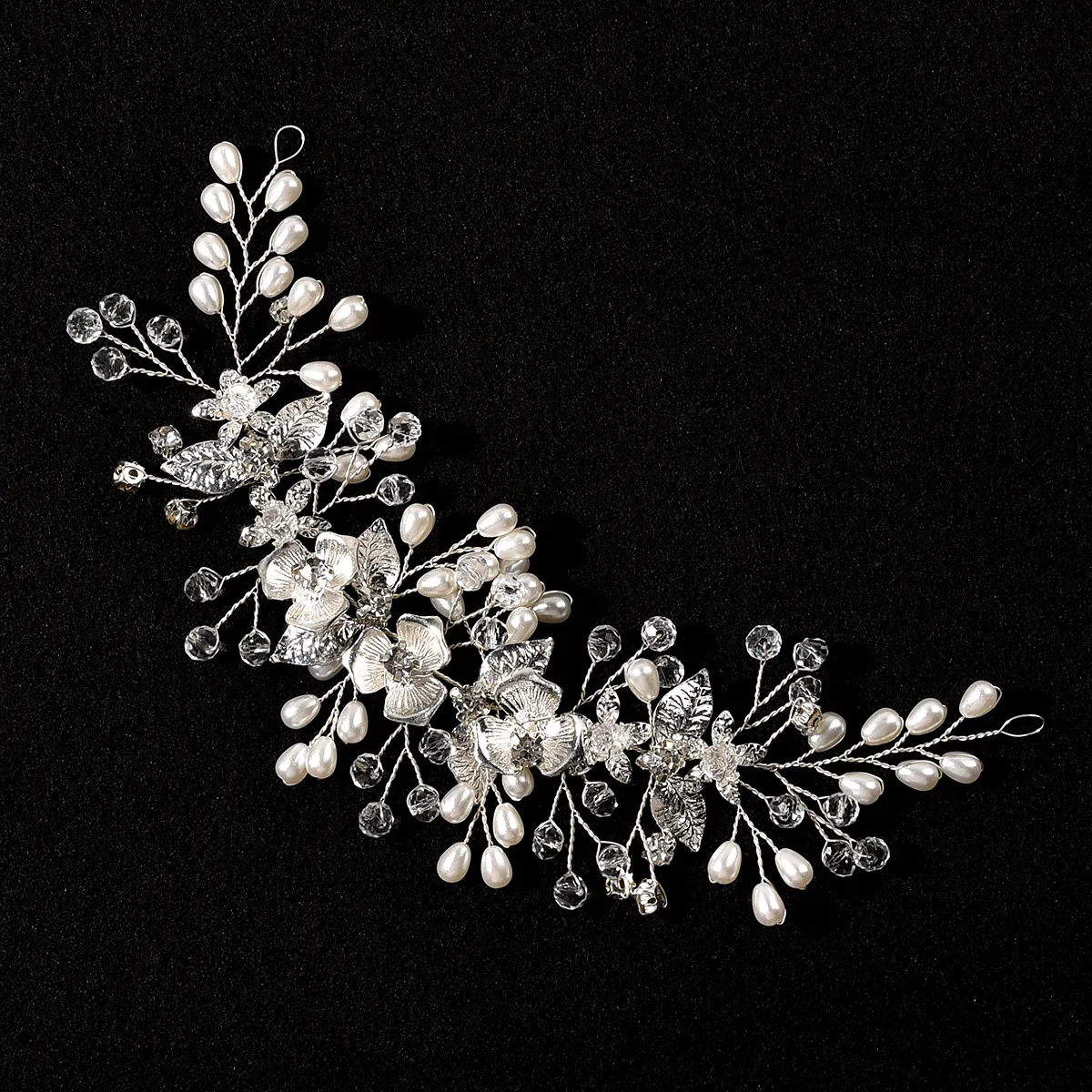 Vigne De Cheveux De Mariée Argent Alliage Floral Fait Main Künstliche Perle D'imitation Strass Cristal Bandeau Accessoire Mariage