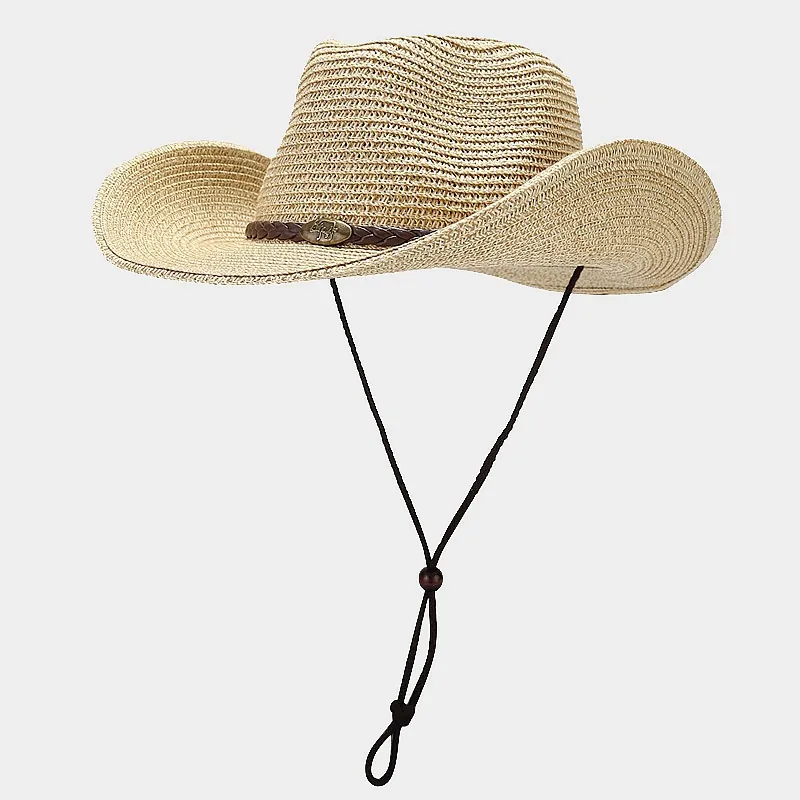 Western Cowboy Straw Hat Wide Brim Sun Protection Breathable Outdoor Beach Hat With Adjustable Windproof Rope Unisex