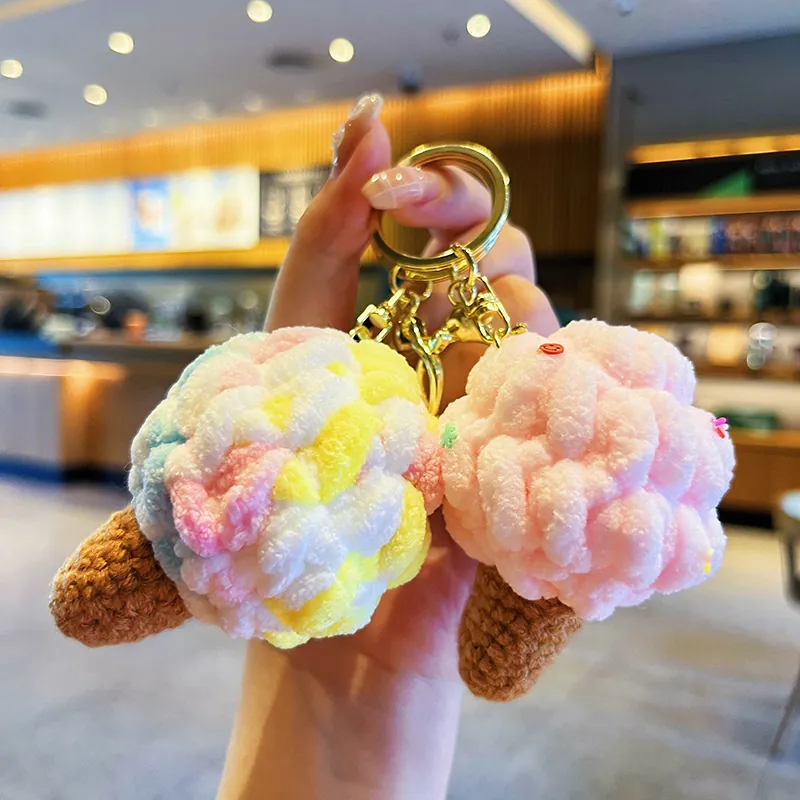 Handmade Crochet Ice Cream Keychain Plush Yarn Colorful Cone Bag Charm Cute Sweet Dessert Pendant Accessory