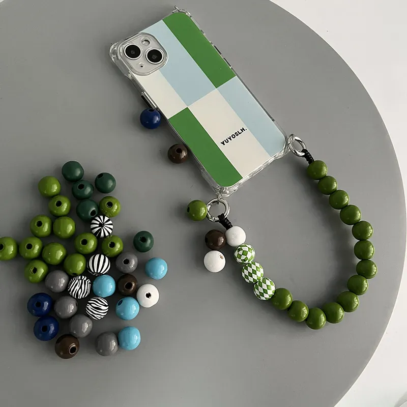Checkerboard Wood Bead Phone Strap Anti-Lost Wristlet Chain For Phone Case Handmade Ins Geometric Accessory Women Men