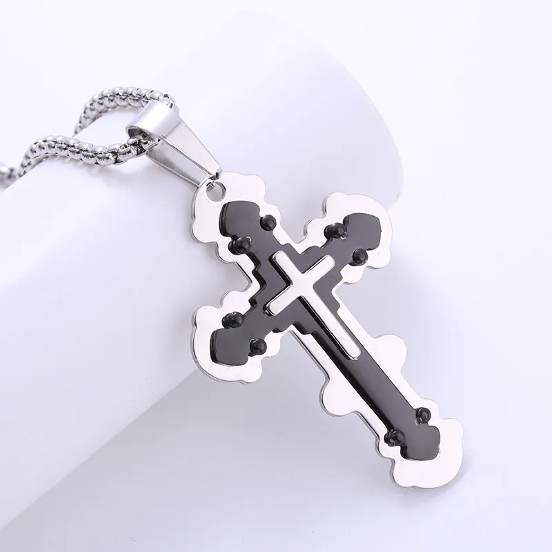 Retro Men Stainless Steel Double Layer Cross Pendant Necklace Two Tone Polished Religious Fashion Jewelry