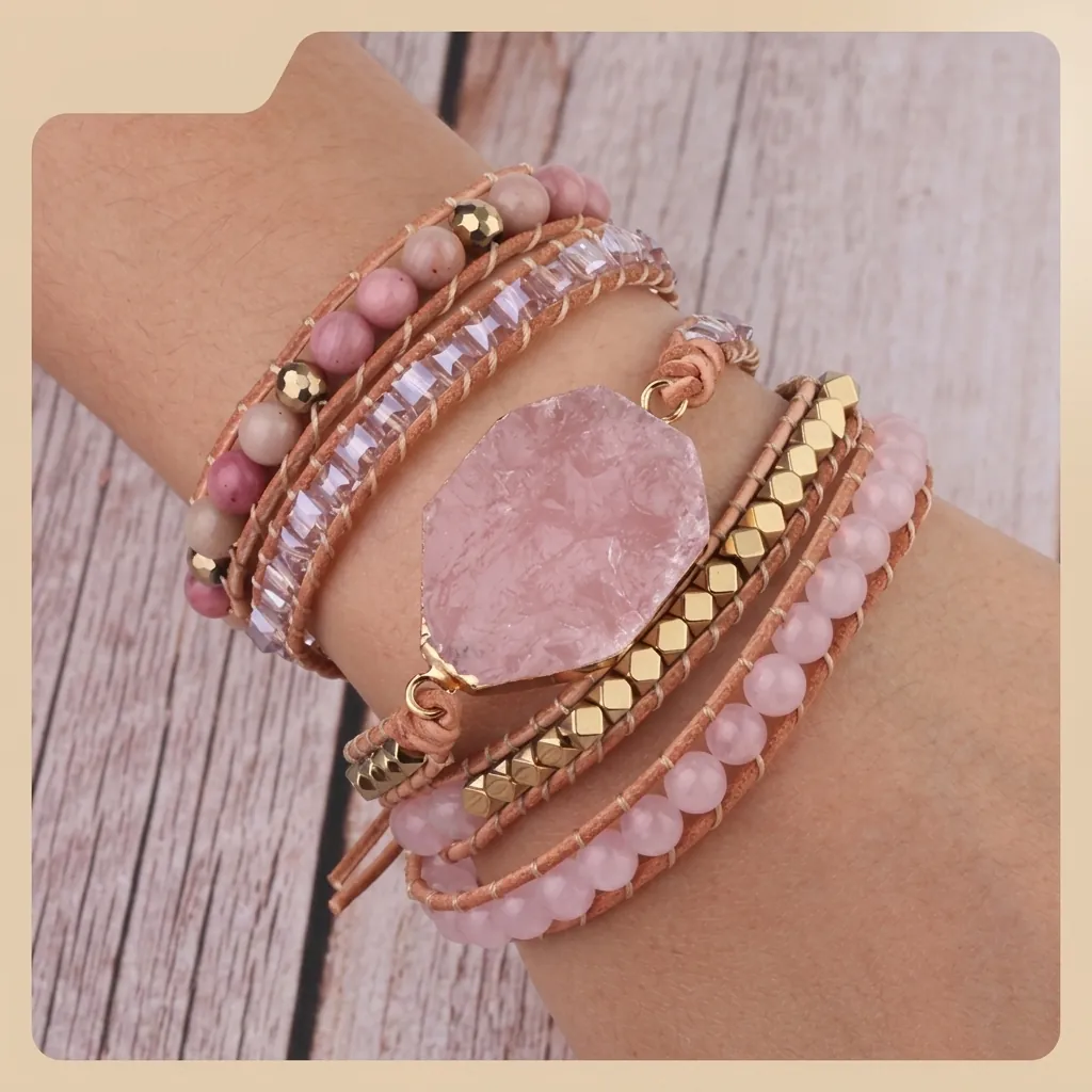 Handmade Rose Quartz Multi Layer Wrap Bracelet Natural Stone Tree Of Life Bohemian Ethnic Jewelry