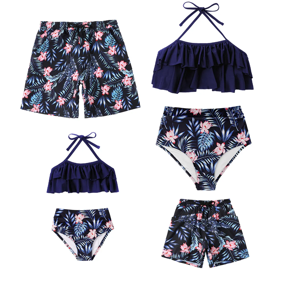 Maillot De Bain Bikini Maman Et Moi Dos Nu À Volants Taille Haute Imprimé Floral Tropique Nylon Assortis