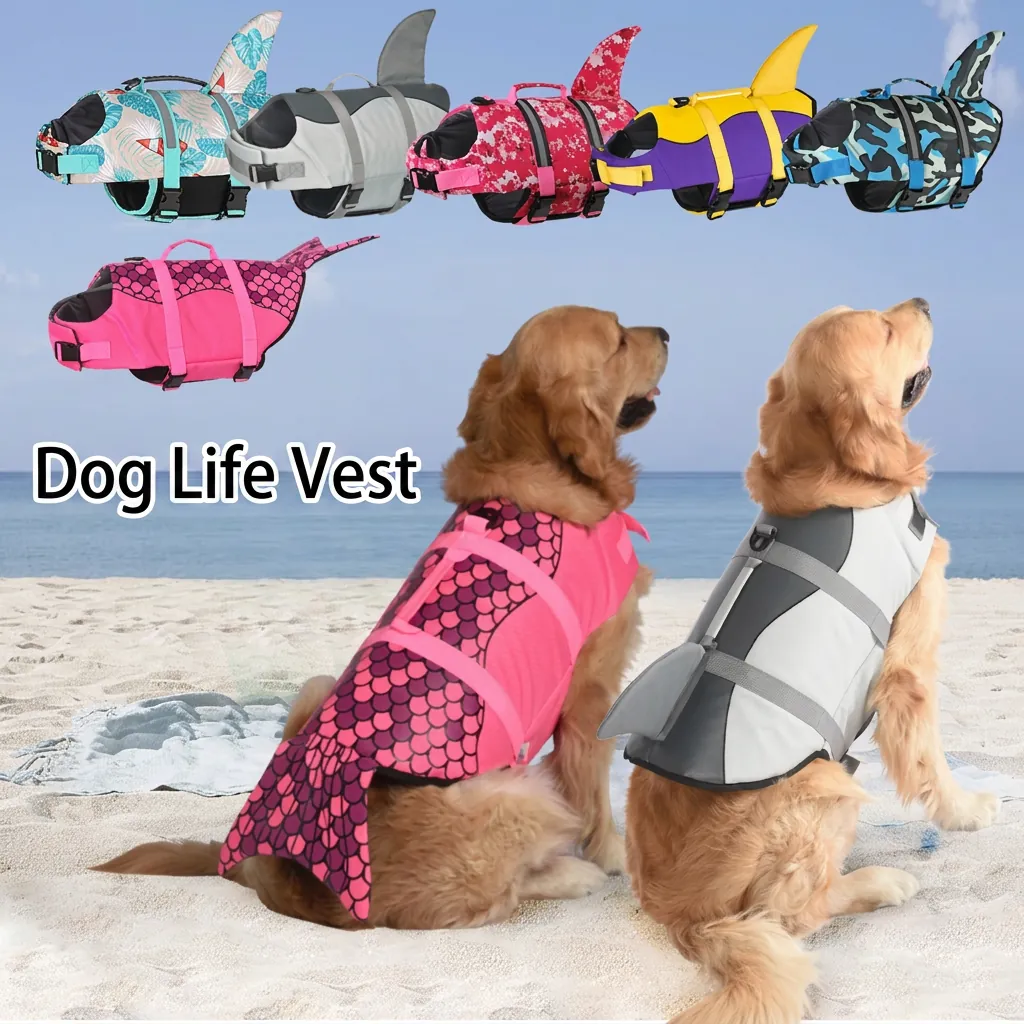 Dog Life Jacket Safety Vest Shark Fin Mermaid Tail Buoyancy Aid With Rescue Handle D-Ring Adjustable Safety Swimwear