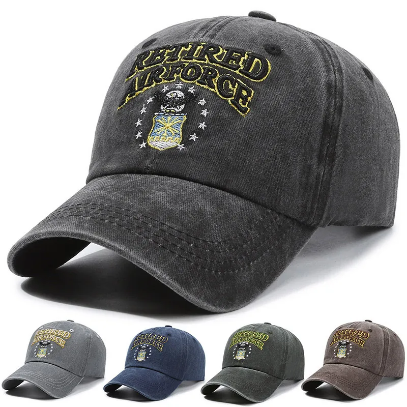 Washed Cotton Baseball Cap Retired Air Force Embroidered Military Style Distressed Adjustable Hat For Men Women