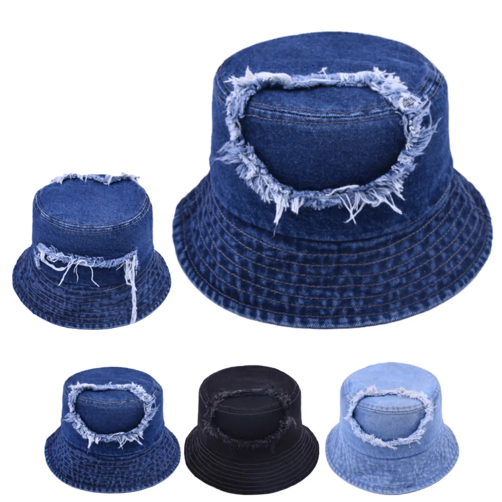 Distressed Denim Bucket Hat With Heart Hole Frayed Edges Washed Cotton Retro Streetwear Fisherman Cap For Men Women