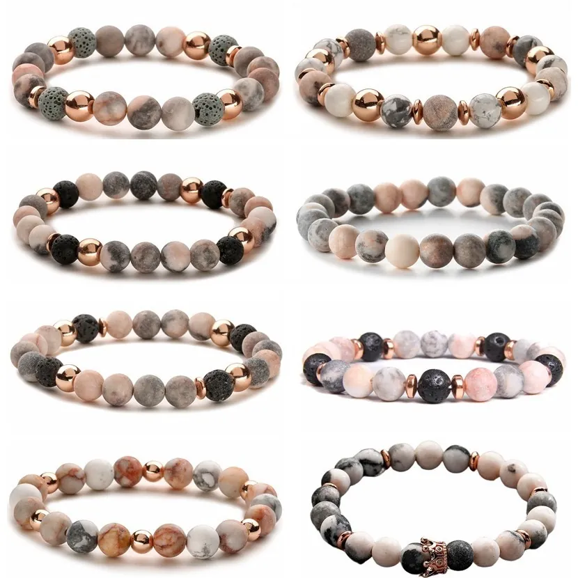 Pulsera De Cuentas De Piedra Natural Jaspe Cebra Rosa Difusor Aceites Esenciales Piedra Volcánica Corona Aleación Yoga